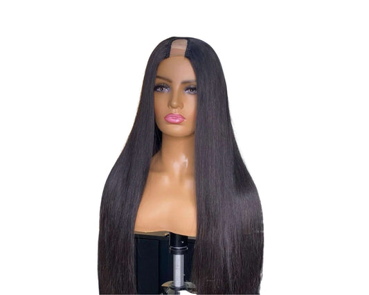 U Part Wig Straight Hair Human Hair Wigs For Black Women Brazilian displayed on a mannequin, showcasing long, sleek, natural black hair.