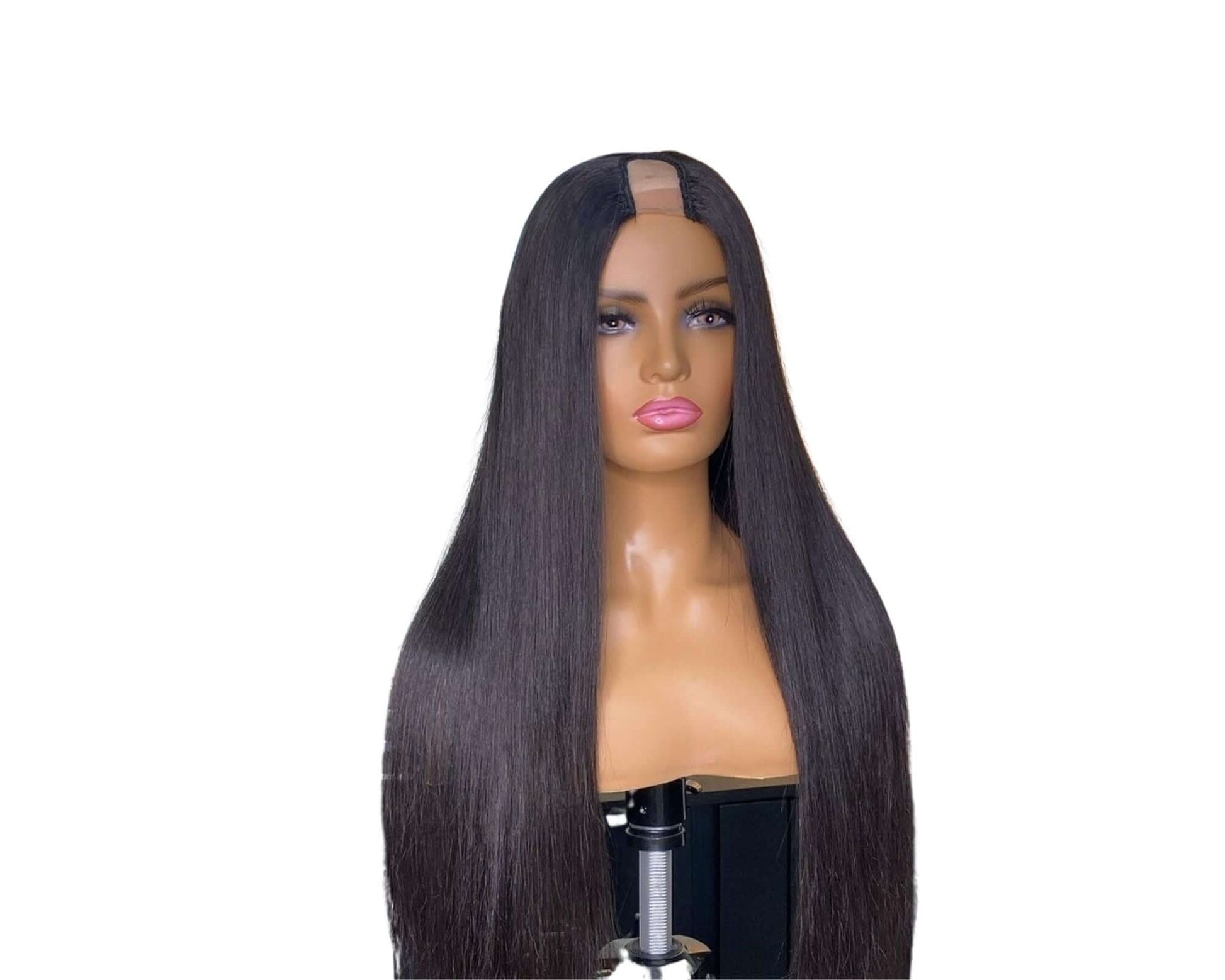 U Part Wig Straight Hair Human Hair Wigs For Black Women Brazilian displayed on a mannequin with long, natural black hair.