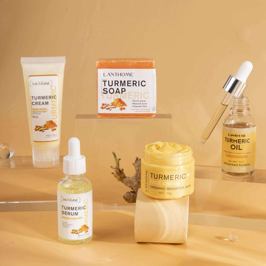 GlowRoot™ – 5-Piece Turmeric Skincare Kit for Radiant Skin displayed with turmeric-infused products on a neutral background.