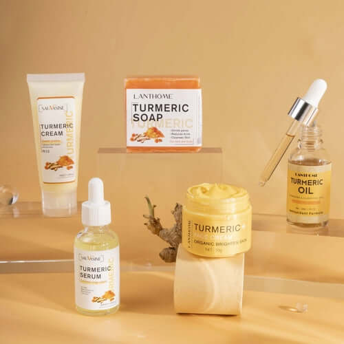 GlowRoot™ – 5-Piece Turmeric Skincare Kit for Radiant Skin in elegant display with turmeric products.