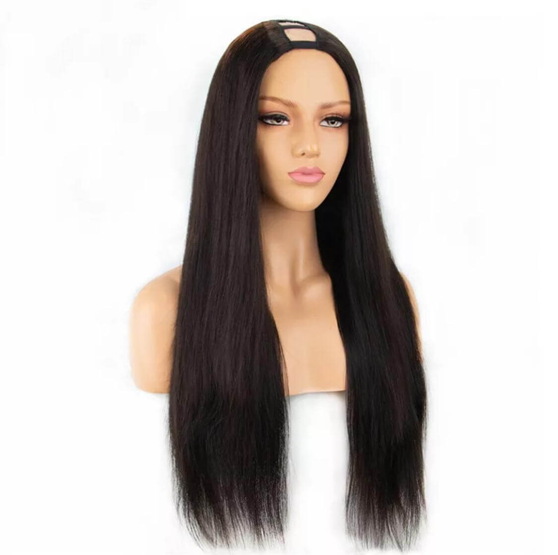 U Part Wig Straight Hair Human Hair Wigs For Black Women Brazilian showcasing long, natural black Brazilian Remy hair.
