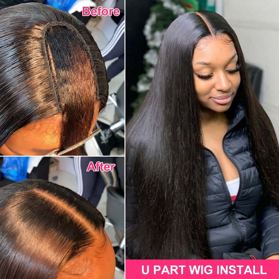 Before and after images of U Part Wig Straight Hair Human Hair Wigs For Black Women Brazilian installation.