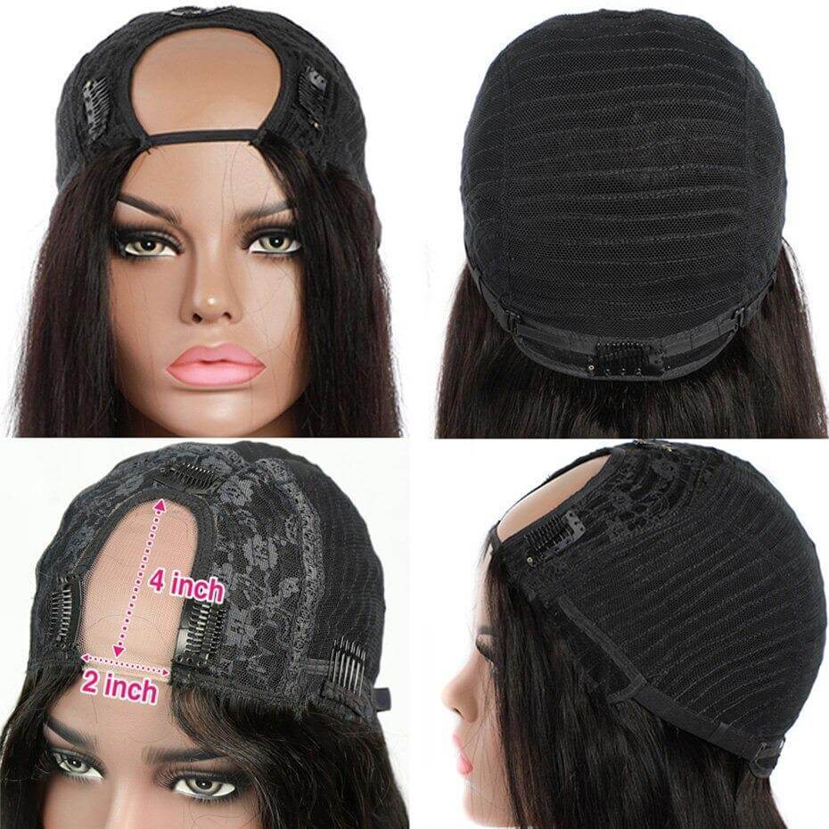U Part Wig Straight Hair Human Hair Wigs For Black Women Brazilian cap view showcasing secure clips and lace details.