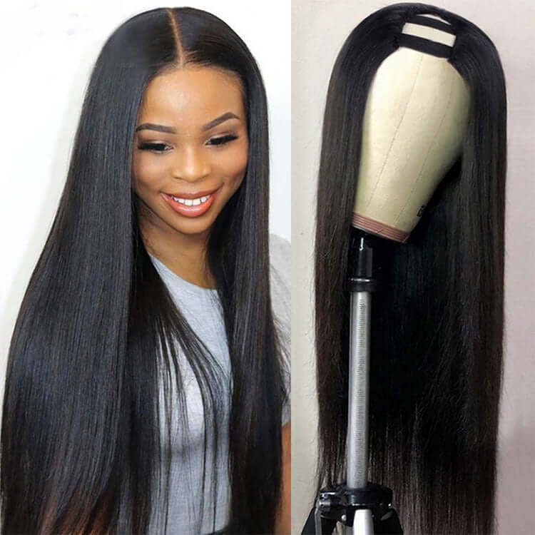 U Part Wig Straight Hair Human Hair Wigs For Black Women Brazilian on model and mannequin display.