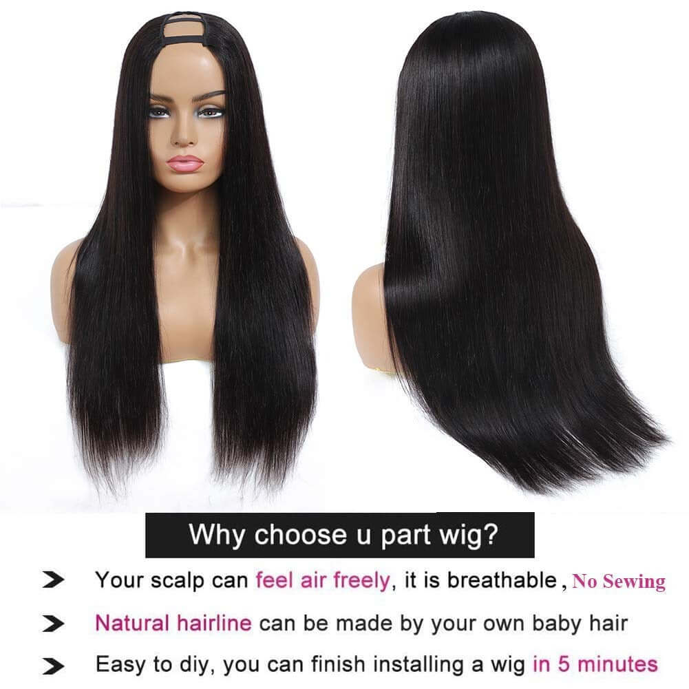 U Part Wig Straight Hair Human Hair Wigs For Black Women Brazilian displayed on a mannequin with smooth long strands.