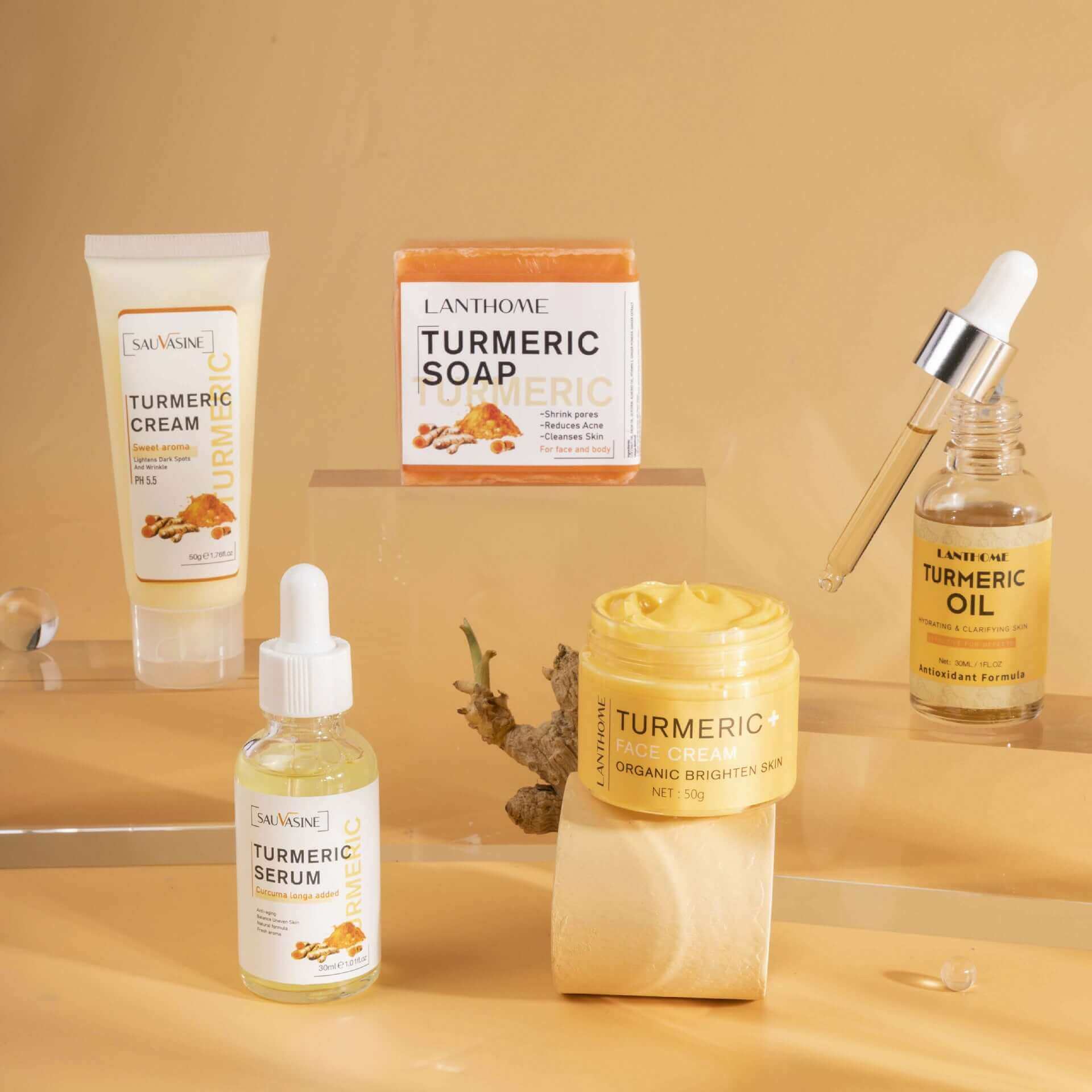 GlowRoot™ – 5-Piece Turmeric Skincare Kit for Radiant Skin displayed with turmeric-infused products on a neutral background.