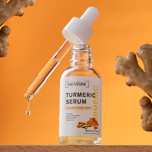 GlowRoot™ – 5-Piece Turmeric Skincare Kit for Radiant Skin, featuring turmeric serum in dropper bottle.