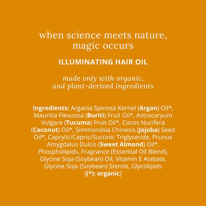 The Illuminating Oil ingredients list including Buriti, Tucuma, and Coconut for hair moisture and strength.