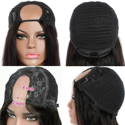 U Part Wig Straight Hair Human Hair Wigs For Black Women Brazilian cap view showcasing secure clips and lace details.