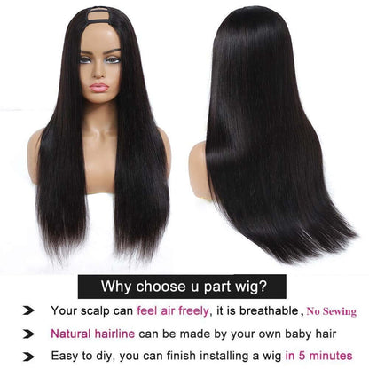 U Part Wig Straight Hair Human Hair Wigs For Black Women Brazilian displayed on a mannequin with smooth long strands.